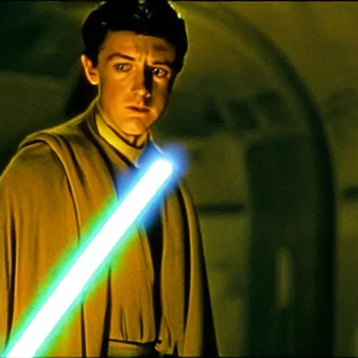 Image similar to film still of young alec guiness as a jedi in new star wars movie, dramatic lighting, highley detailled face, kodak film, wide angle shot