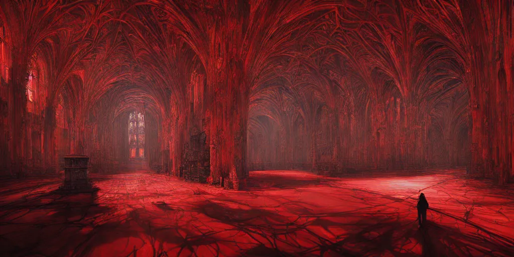 Prompt: a hyper intricate oil portrait red cathedral interior, excellent composition, wide shot, by zdzislaw beksinski, intricate, horror atmosphere, unreal engine 5 highly rendered, global illumination