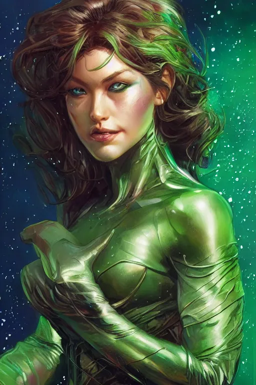 Prompt: a super hero female heroine, wild glitter dust hair, mysterious, wildly attractive, green eyes, comic book cover art, digital painting, artstation, concept art, smooth, sharp focus, illustration, art by artgerm and donato giancola and Joseph Christian Leyendecker, Ross Tran, WLOP