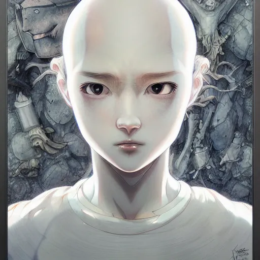 Image similar to prompt : gray and white portrait soft light painted by james jean and katsuhiro otomo and erik jones, inspired by evangeleon anime, smooth face feature, intricate oil painting, high detail illustration, sharp high detail, manga and anime 1 9 9 9