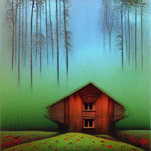 Prompt: Painting in a style of Beksinski of a colorful and detailed wooden house in the forest near the lake