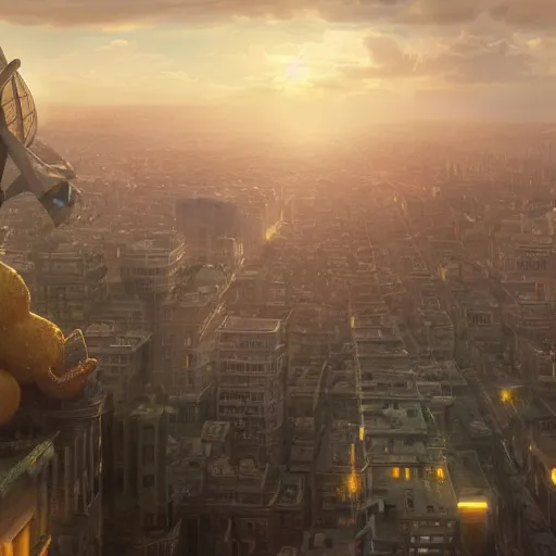 Image similar to enormous spongebob looming above a city, seen from a distance, volumetric lighting, 8 k octane beautifully detailed render, post - processing, extremely hyper - detailed, intricate, epic composition, cinematic lighting, masterpiece, trending on artstation, masterpiece, stunning art by anders zorn, wonderful masterpiece by greg rutkowski, beautiful cinematic