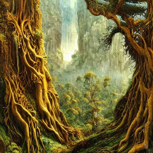 Image similar to a beautiful and highly detailed oil painting of a secret valley deep in the mountains, ancient trees, wooden structures, intricate details, epic scale, insanely complex, 8 k, sharp focus, hyper realism, fantasy landscape, psychedelic, by caspar friedrich and brian froud,