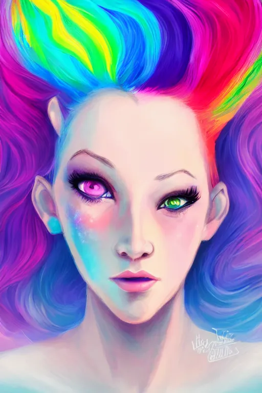 Image similar to a girl with rainbow hair, unicorn horns, portrait, rim light, fresh colors, gradients, highly detailed, digital illustration, concept art, smooth, sharp focus,