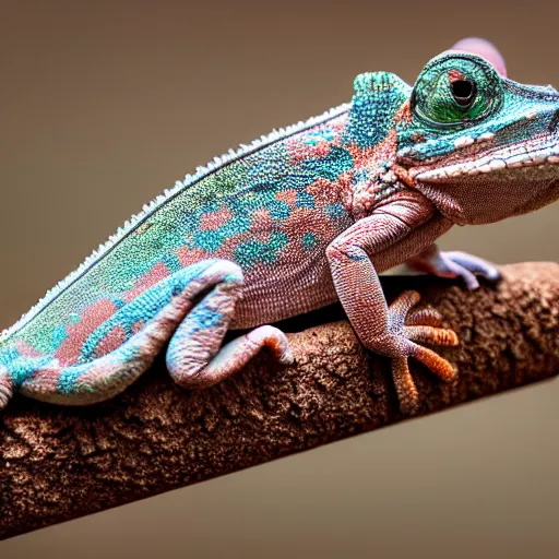 Image similar to a chameleon with leopard pattern on skin sitting on a brick wall, highly detailed, 8K, supersharp photo