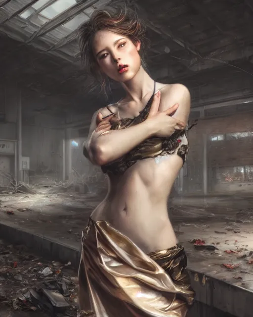 Image similar to daniel gerhartz and artgerm portrait digital rococo painting of a beautiful woman wearing streetwear clothing, abandoned warehouse interior in the background, unreal engine, hyper realism, realistic shading, cinematic composition, blender render, octane render, hdr, detailed textures, photorealistic, ultrawide shot, 3 5 mm film