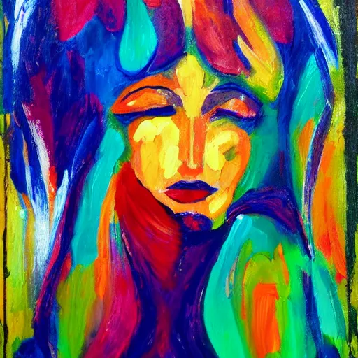 Image similar to oil painting of lilies and woman portrait in colorful abstract style