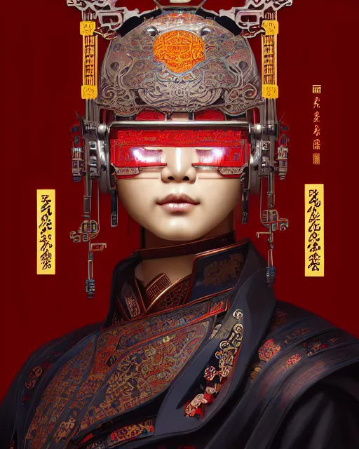 Image similar to portrait of a chinese cyberpunk machine, machine face, upper half portrait, decorated with chinese opera motifs, regal, asian, fine china, wuxia, traditional chinese art intricate intense elegant 京 剧 highly detailed digital painting artstation concept art smooth sharp focus illustration, art by artgerm and greg rutkowski alphonse mucha 8 k