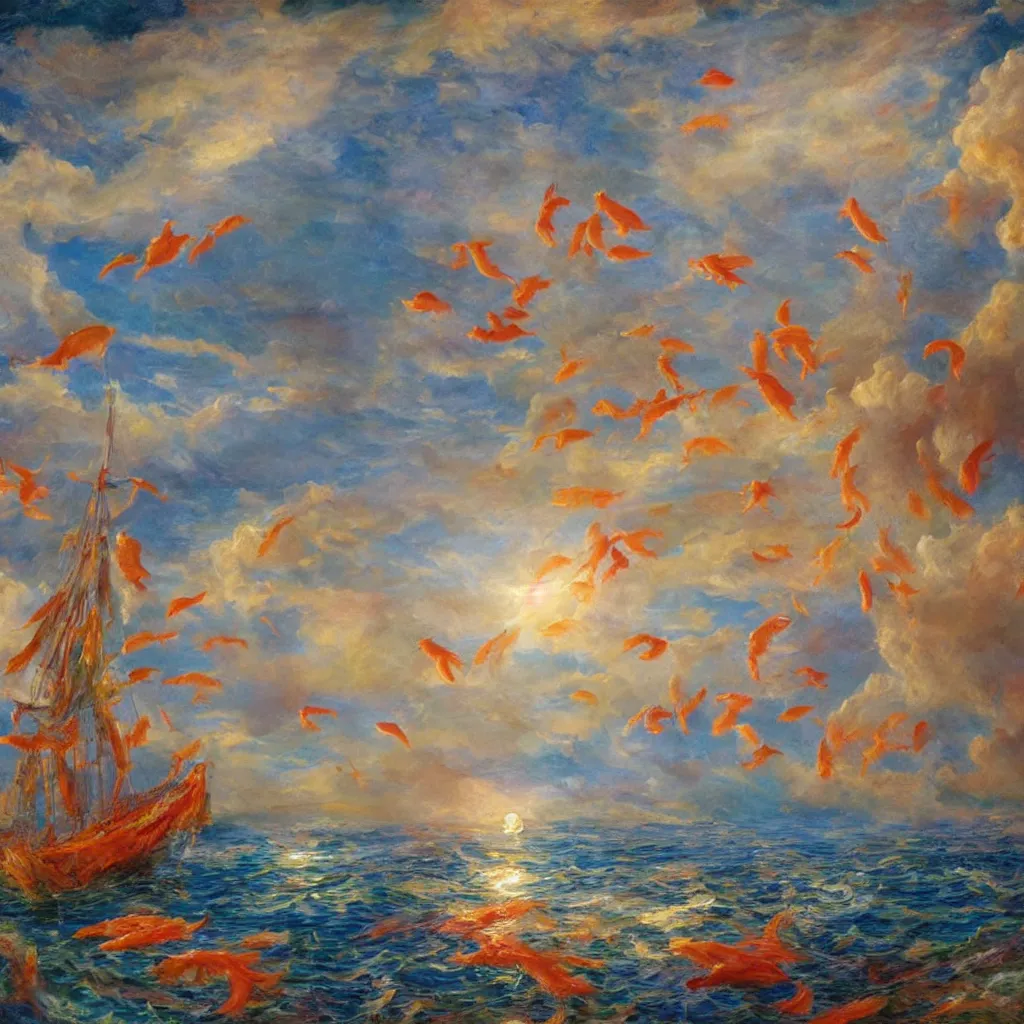 Image similar to 3d high relief painting of sea like jelly,Rainbow clouds like goldfish floating lightly in the air, Sailing ship,dreamy, soft , highly detailed, expressive impressionist style,in the style of William Schneider