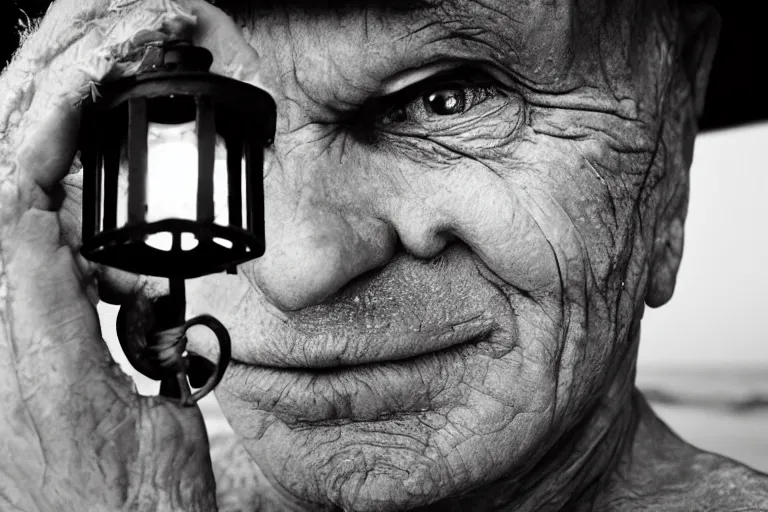 Image similar to closeup old man holding up a lantern on the beach in a pirate bay meet to a old wood shack by emmanuel lubezki