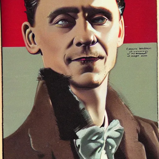 Prompt: Tom Hiddleston portrait, vintage magazine illustration 1950