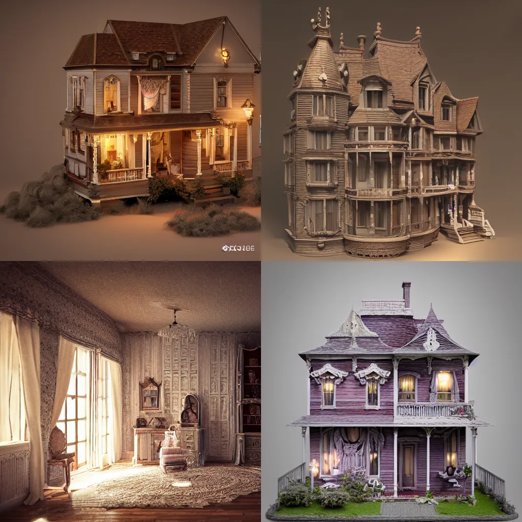 Prompt: photo of a Victorian dollhouse, extreme details, soft lighting, realistic octane render, 8k