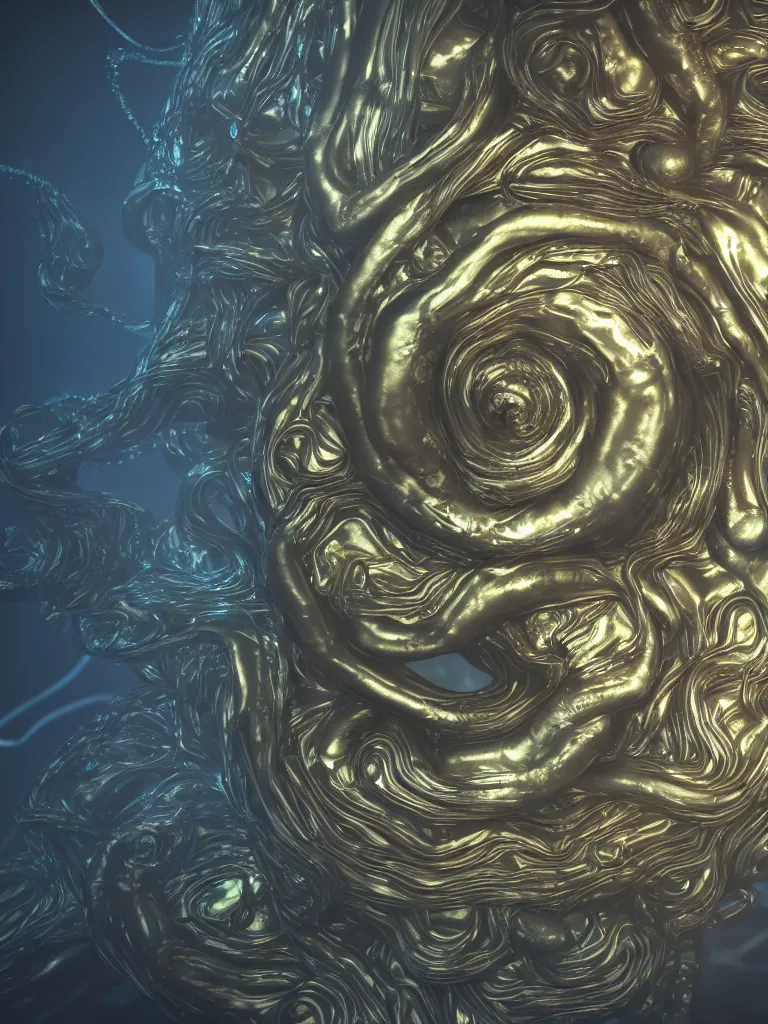 Image similar to nautilus, metallic, iridescent, tentacles, surreal, Octane Render, Unreal Engine