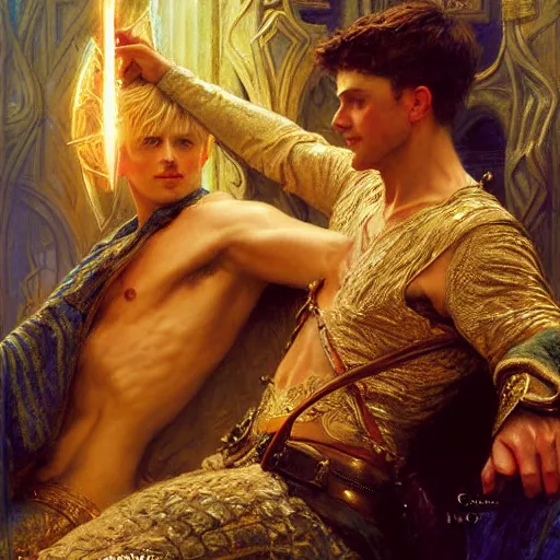 Image similar to stunning arthur pendragon in love with stunning male merlin the mage. they are close to each other. highly detailed painting by gaston bussiere, craig mullins, j. c. leyendecker