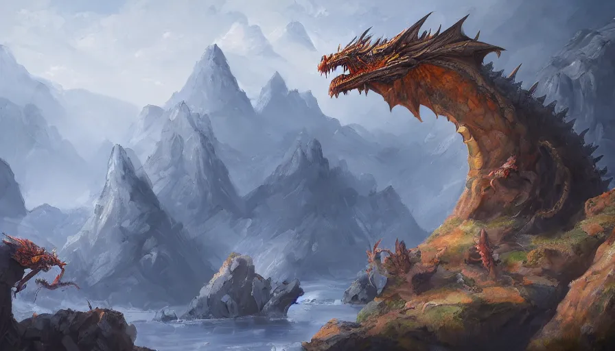 Image similar to concept art of dragon and cliffs, oil painting by jama jurabaev, extremely detailed, brush hard, artstation, high quality, brush stroke