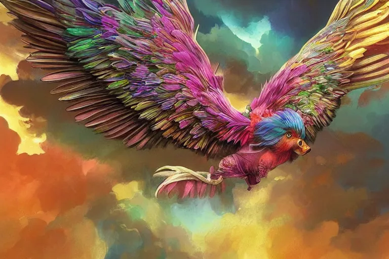 Image similar to a rainbow feathered pig with wings, flying above a tropical forest, HD, illustration, epic, D&D, fantasy, intricate, elegant, highly detailed, digital painting, artstation, concept art, smooth, sharp focus, illustration, wallpaper, art by artgerm and greg rutkowski and alphonse mucha and jin xiaodi and anthony devine