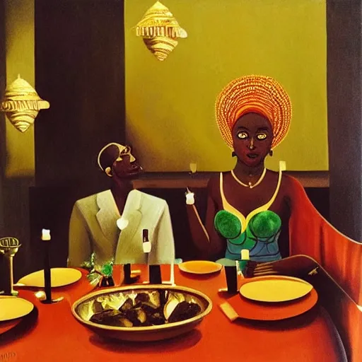 Prompt: dark skinned people eating at a regal buffet ultra detailed beautiful setting elegant event nigerian party minimalist gold ornaments iridescent lighting glamour traditional ceremony contemporary in the style of edward hooper and henri matisse yinka shonibare oil painting