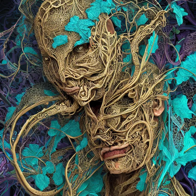 Prompt: cinema 4d colorful render, organic, dark scene, ultra detailed, of a porcelain hairless man's face. biomechanical, analog, macro lens, hard light, big leaves and large Dragonflies, stems, roots, fine foliage lace, turquoise gold details, high fashion haute couture, art nouveau fashion embroidered, intricate details, mesh wire, mandelbrot fractal, anatomical, facial muscles, cable wires, elegant, hyper realistic, in front of dark flower pattern wallpaper, ultra detailed