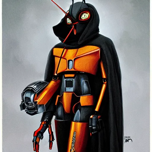 Prompt: kon - dam with mask that is inverted beetle pincers gunpla droid kenku, artistically anthropomorphic black bird head. cloaked hood down, science fiction, portrait by donato giancola and greg rutkowski and wayne barlow. top all time r / imaginarycyberpunk.