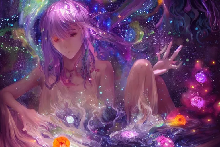 Prompt: yoni, yoni art, psychedelic, whimsical, anime, 4k, beautiful, a crystal and flower, reflective pool, surrounded by gems, underneath the stars, rainbow fireflies, trending on patreon, deviantart, twitter, artstation, volumetric lighting, heavy contrast, art style of Greg Rutkowski and Miho Hirano and Ross Tran