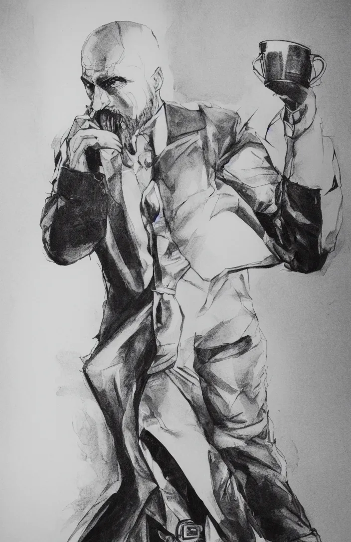 Prompt: detailed portrait of kratos in a suit holding a cup of coffe in his hand, black and white, 5 0's style.