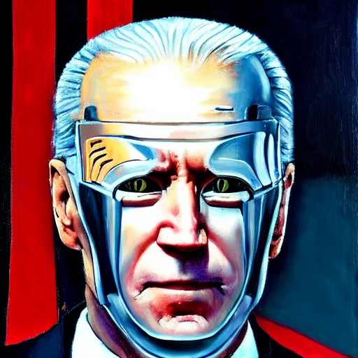 Image similar to joe biden as robocop, realistic oil painting, style of norman rockwell, 8 k, super sharp, ultra detail, rule of thirds,