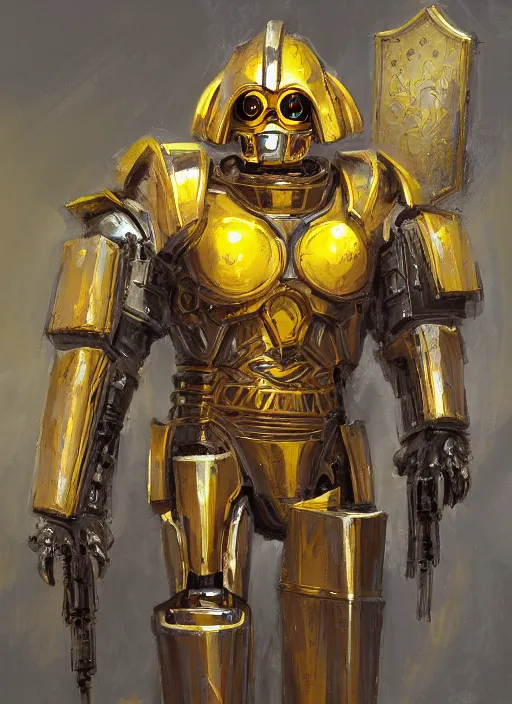 Prompt: dynamic portrait of a intricate glorious holy mechanical warforged pit droid character in yellow armor holding a paladin engraved great longsword and carrying a big shield, epic , trending on ArtStation, cinematic lighting, by Jesper Ejsing