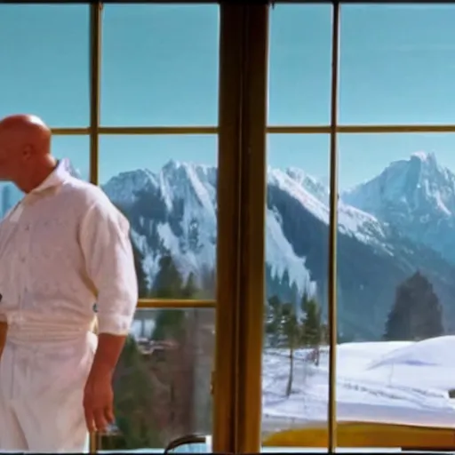 Prompt: Poetic sequence in Mr. Clean, a movie by Wes Anderson starring Adrian Brody. Adrian Brody tries to clean the windows of a large hotel in the Alps with mountain in the background. Splendid Wes Anderson colors, cinematic, very crisp