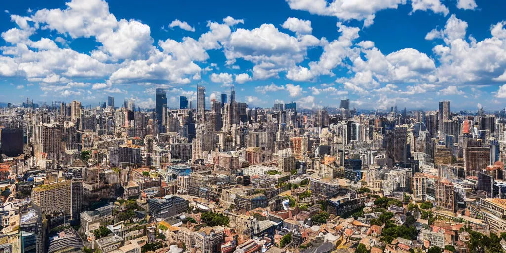 Prompt: large city, wide shot, sunny day, puffy clouds, beautiful, national geographic, professional photography, ultra fine detail, 4k, DSLR, HDR,