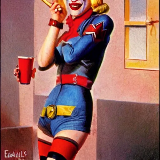 Prompt: Harley Quinn holding cigarette, artwork by Earl Norem,