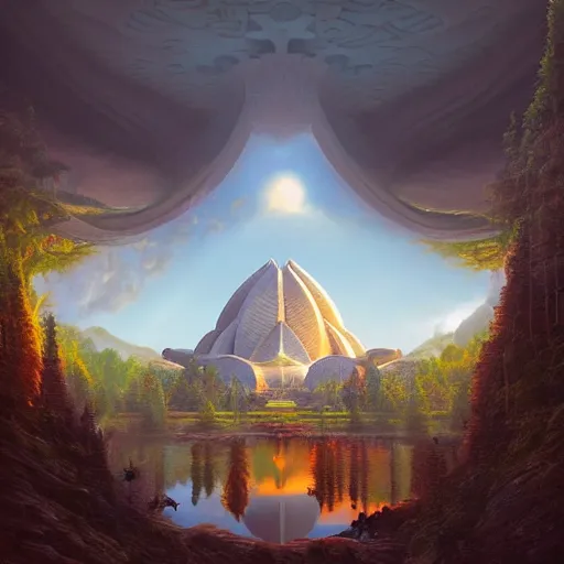 Image similar to A beautiful hyper realistic detailed matte painting of a lotus shaped temple nestled in forest mountains by John Howe and Albert Bierstadt and Alena Aenami and dan mumford and dave noton, unreal engine, trending on behance