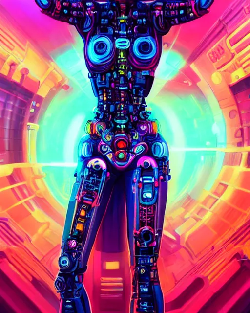 Prompt: colorful full body portrait of a cybernetic hippie, set in the future 2 1 5 0 | highly detailed | very intricate | symmetrical | professional model | cinematic lighting | award - winning | painted by mandy jurgens and ross tran | pan futurism, dystopian, bold psychedelic colors, cyberpunk, groovy vibe, anime aesthestic | featured on artstation