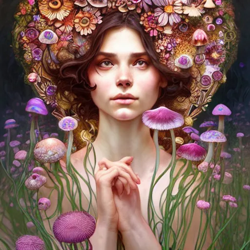 Image similar to Portrait of a girl surrounded by flowers and morphing into mushrooms, face, fantasy, intricate, elegant, highly detailed, digital painting, artstation, concept art, smooth, sharp focus, illustration, art by Fernanda Suarez and Artem Demura and alphonse mucha