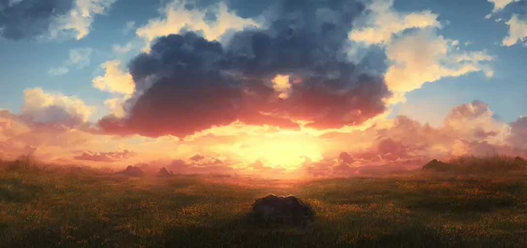 Image similar to peaceful puffy cloud with sunset in the background, matte painting, trending on artstation, artstationHQ, unreal engine, 4k, 8k, anime style