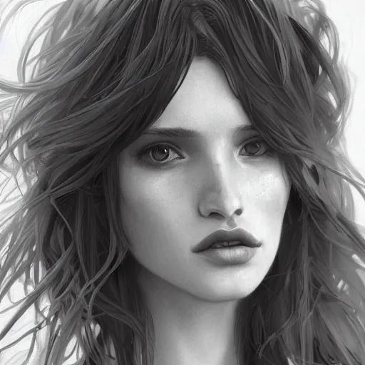 Image similar to ultra realistic illustration, bella thorne messy hair waking up, intricate, elegant, highly detailed, digital painting, artstation, concept art, smooth, sharp focus, illustration, art by artgerm and greg rutkowski and alphonse mucha