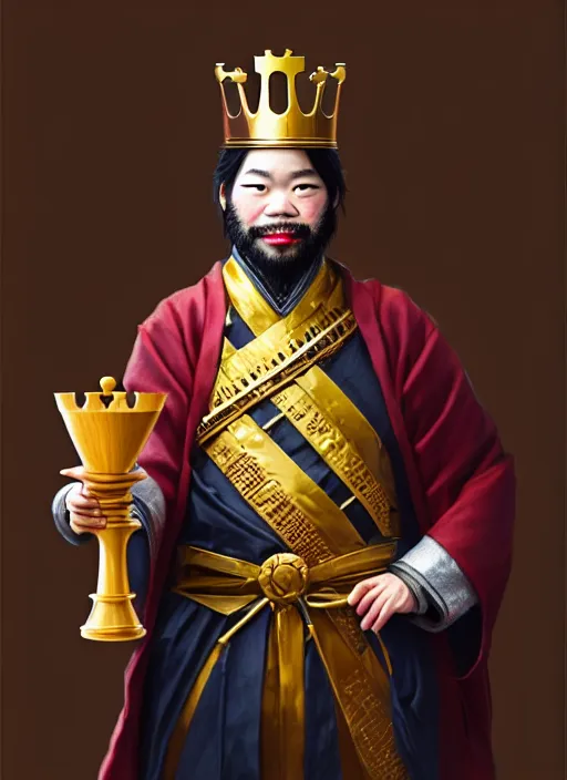 Image similar to gm hikaru nakamura dressed as a king, holding a chess piece fantasy portrait, artstation, extremely detailed artgerm greg rutkowski