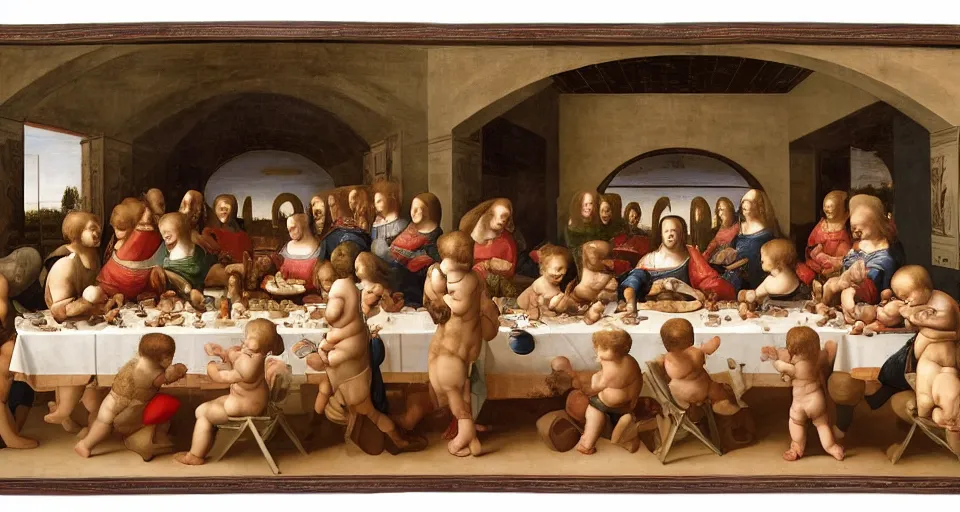 Image similar to a Renaissance painting in the style of Leonardo da Vinci of a symmetrical long table with many bottles of milk on top of it. A group of babies and toddlers are sitting at the table