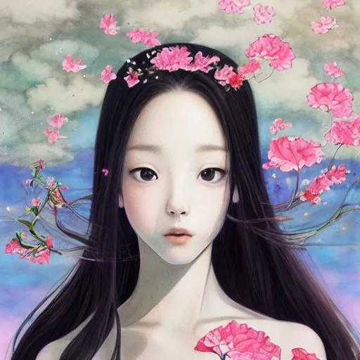 Image similar to princess Portrait by Miho Hirano, manga, realistic, detailed, white, light pink tonalities, beautiful collage technique including flora, sea, wind, ornate sea background, beautiful Fantasy detailed trending on artstation, oil painting,Dramatic lighting, eterea , high quality print, fine art with subtle redshift rendering