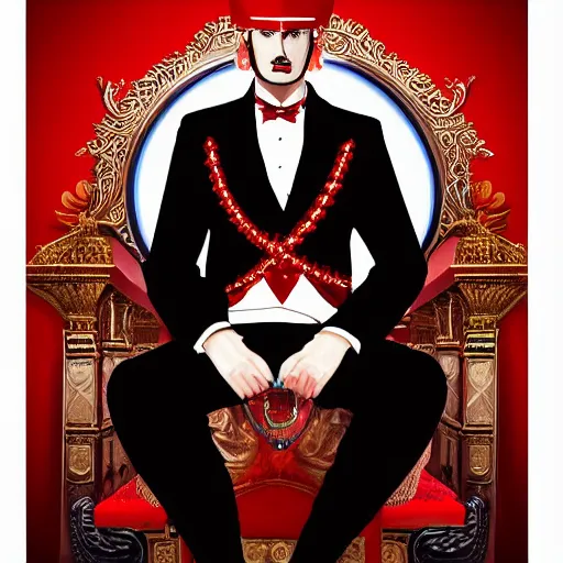 Image similar to the king of india sitting on a throne wearing a black suit and a red fez, detailed face with red lips, blue eyes and large forehead, moody atmosphere, digital art, highly detailed, high contrast, beautiful lighting, award winning, trending on art station, photorealistic, 8 k,