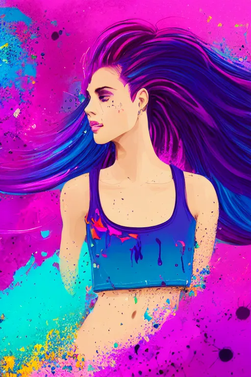 Image similar to a award winning half body portrait of a beautiful woman in a croptop and cargo pants with ombre purple pink teal hairstyle with head in motion and hair flying by wlop, paint splashes, splatter, outrun, vaporware, shaded flat illustration, digital art, trending on artstation, highly detailed, fine detail, intricate