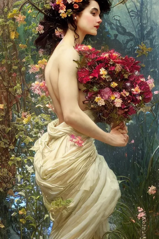 Image similar to portrait of a beautiful mysterious woman holding a bouquet of flowing flowers, hands hidden under the bouquet, lying in a pool of water, fantasy, regal, intricate, by stanley artgerm lau, greg rutkowski, thomas kindkade, alphonse mucha, loish, norman rockwell