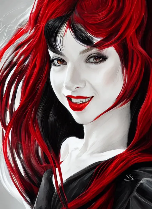 Image similar to a highly detailed illustration of elegant beautiful long black hair white woman wearing a red and black dress, dramatic smile pose, perfect face, intricate, elegant, highly detailed, centered, digital painting, artstation, concept art, smooth, sharp focus, league of legends concept art, WLOP