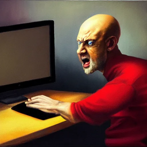 Image similar to an angry man yells at his computer monitor, oil on canvas, highly detailed, high resolution