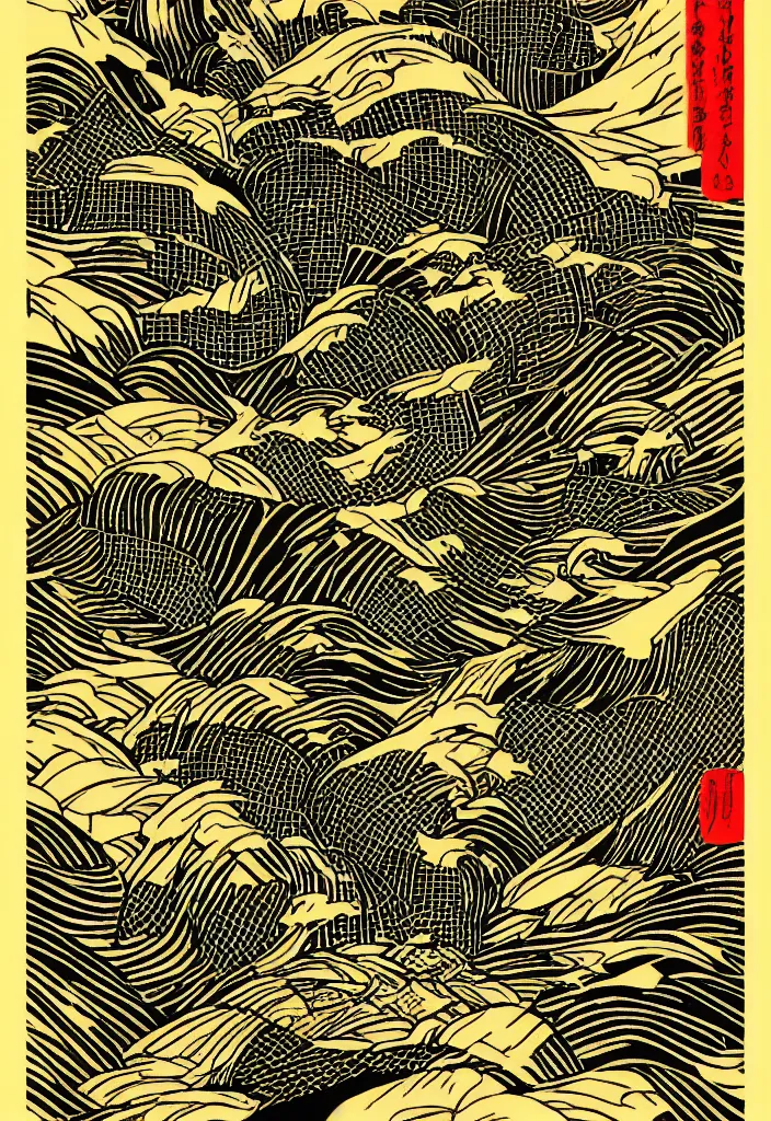 Image similar to poster design, grid layout, woodblock print, dynamic, japanese