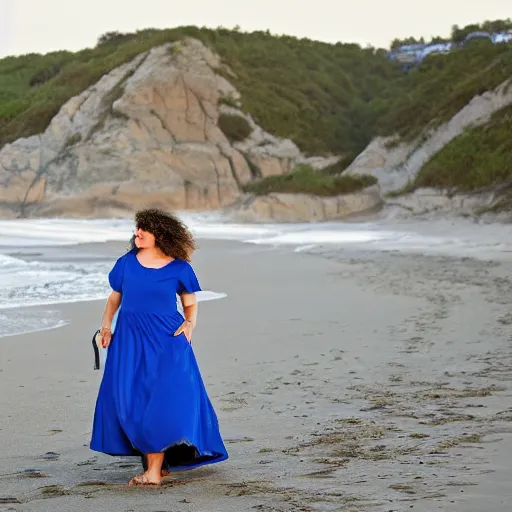 Prompt: a woman in a blue puffy dress on the beach