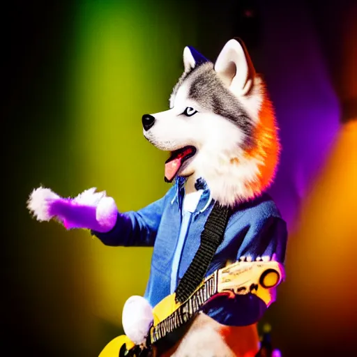 Prompt: anthropomorphic husky performing in a concert, holding a guitar, dslr photo, indoor, cinematic lightning