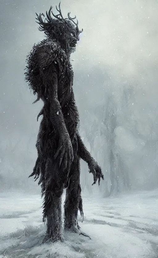 Image similar to portrait of a frozen monster creature, standing in a snowy field, fantasy, highly detailed, cinematic lighting, digital art painting by greg rutkowski