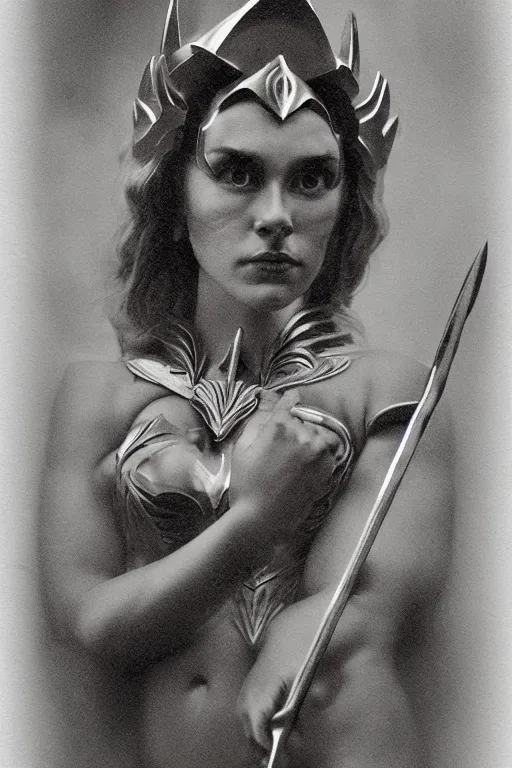 Image similar to she - ra, portrait, full body, symmetrical features, silver iodide, 1 8 8 0 photograph, sepia tone, aged paper, master prime lenses, cinematic