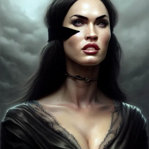 Prompt: portrait of megan fox, muscular upper body, collar, blindfold, greek, jewelry, black dress, fantasy, intricate, elegant, highly detailed, digital painting, artstation, concept art, matte, sharp focus, illustration, art by aenaluck and roberto ferri and greg rutkowski, epic fantasy, digital painting