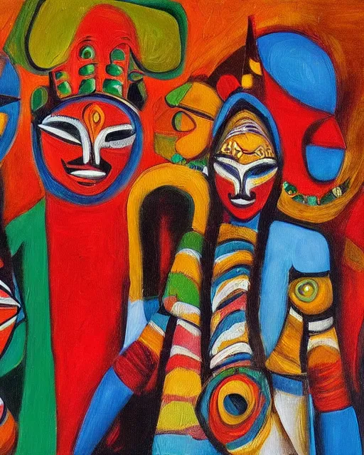 Image similar to Burkina Faso masquerade, painting by Toni Toscani, oil on canvas